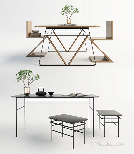 Modern Dining Table Set With Black Frame Gray Stools Potted Plant And Tea Set 3d model
