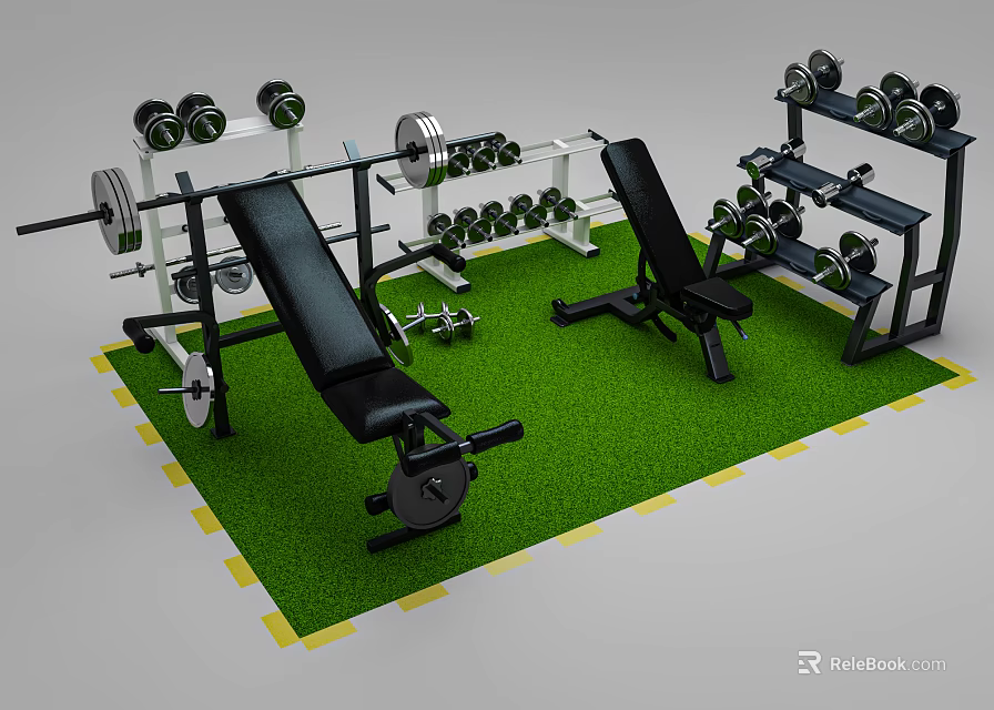 Complete Home Gym Fitness Equipment Including Weight Bench Dumbbells Barbells and Racks on Green Mat 3d model 
