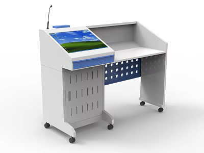 Mobile Functional Desk Featuring Display Screen Storage Compartments White Design With Blue Accents 3d model