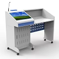 Mobile Functional Desk Featuring Display Screen Storage Compartments White Design With Blue Accents 3d model