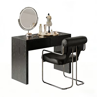 Black Wooden Dressing Table With Round Mirror Cosmetics And Black Chair With Metal Legs 3d model