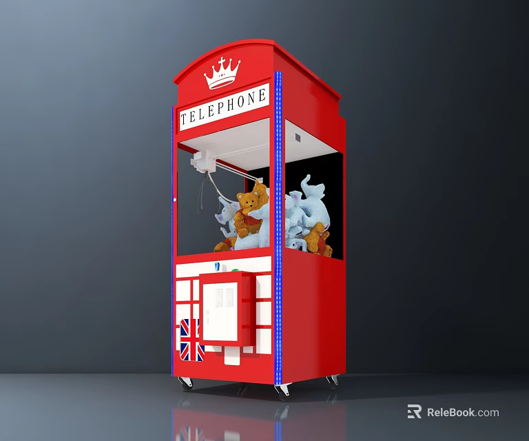 Red Telephone Booth Shaped Amusement Equipment With Crown And Claw Machine Stuffed Toys 3d model 