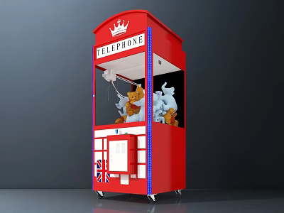 Red Telephone Booth Shaped Amusement Equipment With Crown And Claw Machine Stuffed Toys 3d model