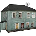 Traditional Light Green Wooden Urban Building Featuring Black Roof Multiple Windows And Porch