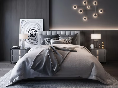 Modern Bedroom Double Bed With Gray Headboard Bedspread Nightstands Table Lamps And Circular Wall Lights 3d model
