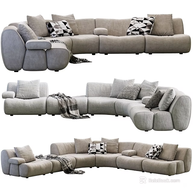 Cozy Gray Sectional Sofa with Decorative Pillows and Throw Blanket 3d model