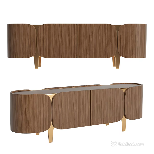 Modern Wooden Sideboard With Curved Design And Golden Legs Cabinet Doors 3d model 