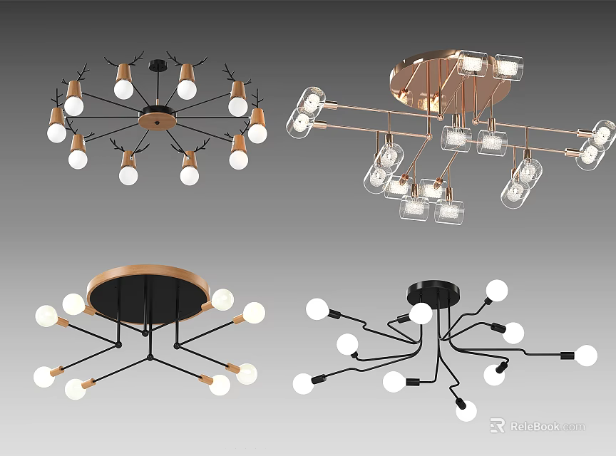 Modern Chandeliers Featuring Various Branching Structures Metallic Frames And Glass Shades 3d model