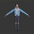 Man in Blue Jacket White Shirt With Ripped Jeans Blue Shoes Dark Hair Arms Outstretched