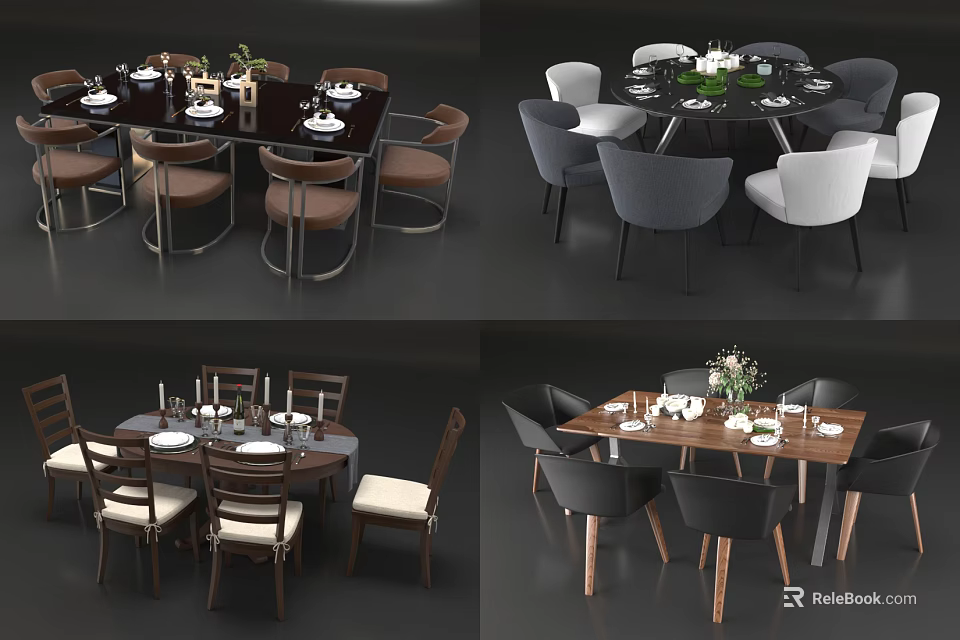 Modern Dining Table Set With Round Rectangular Tables Dining Chairs And Tableware 3d model