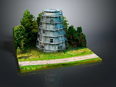 Gray Multi Story Tower Model With Green Trees Grassland And Dirt Path 3d model