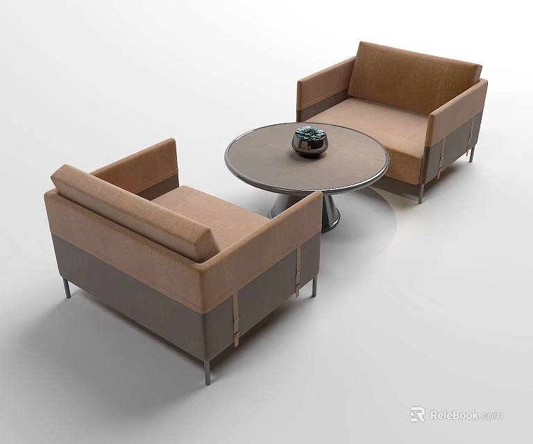 Modern Casual Sofa Set Featuring Two Tan Brown Chairs and Round Coffee Table 3d model