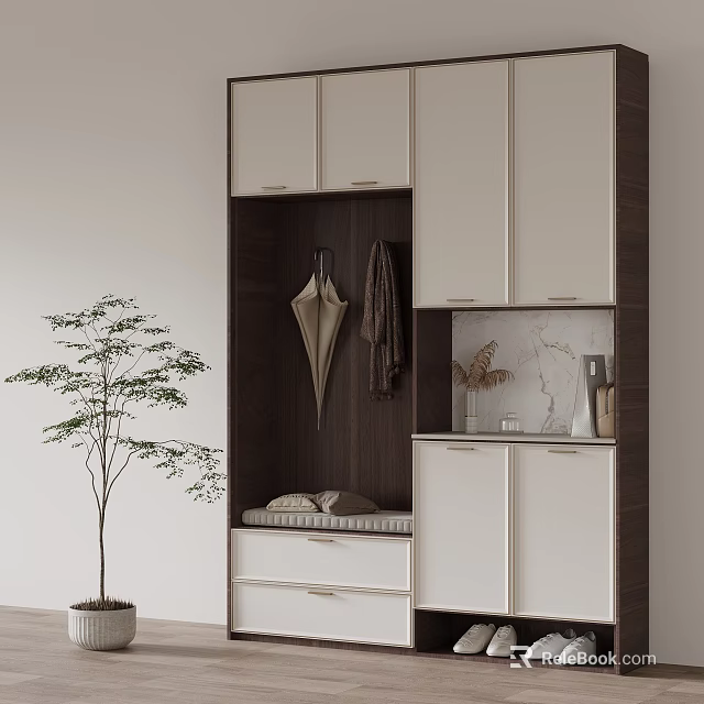 Modern White Wooden Shoe Cabinet with Clothing Hanging Area Umbrella Plant and Marble Countertop 3d model 