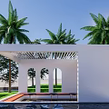Modern White Detached Villa With Large Glass Windows Balconies And Palm Trees Outdoor Leisure Area