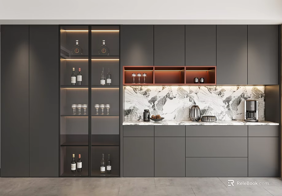 Elegant Modern Wine Cabinet Design With Glass Doors Gray Cabinets And Marble Backsplash 3d model 