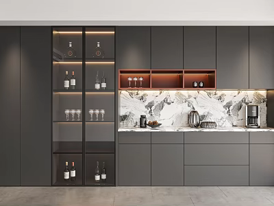 Elegant Modern Wine Cabinet Design With Glass Doors Gray Cabinets And Marble Backsplash 3d model