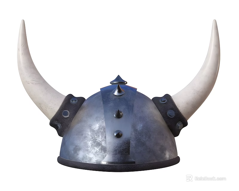 Metallic Helmet With White Horns Spiked Top And Black Riveted Straps 3d model 
