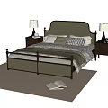Double Bed with Green Upholstered Headboard Dark Wooden Frame Nightstands Lamps Rug and Pillows