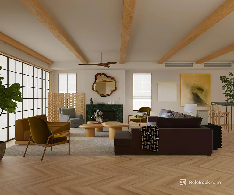 Modern Living Room Interior Design With Wooden Beams Herringbone Floor Dark Brown Sofa And Fireplace 3d model 
