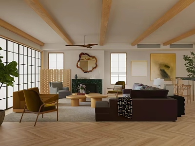 Modern Living Room Interior Design With Wooden Beams Herringbone Floor Dark Brown Sofa And Fireplace 3d model