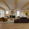 Modern Living Room Interior Design With Wooden Beams Herringbone Floor Dark Brown Sofa And Fireplace