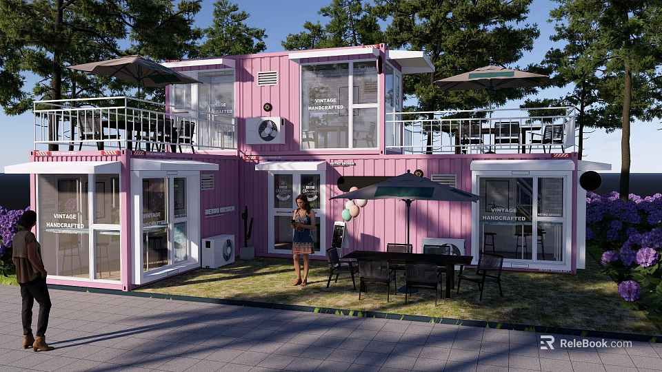 Pink Container House Garden Landscape With Terrace Umbrella Tables Chairs And Green Lawn 3d model 