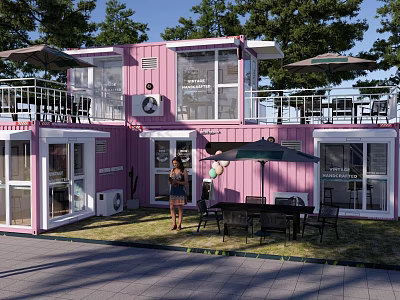 Pink Container House Garden Landscape With Terrace Umbrella Tables Chairs And Green Lawn 3d model