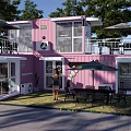 Pink Container House Garden Landscape With Terrace Umbrella Tables Chairs And Green Lawn