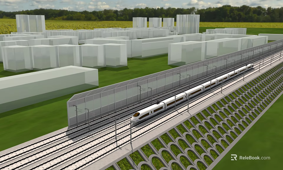 Railway Fence Along High Speed Train Track With Green Grass And White Buildings 3d model 