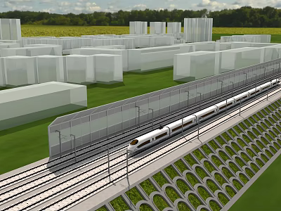 Railway Fence Along High Speed Train Track With Green Grass And White Buildings 3d model