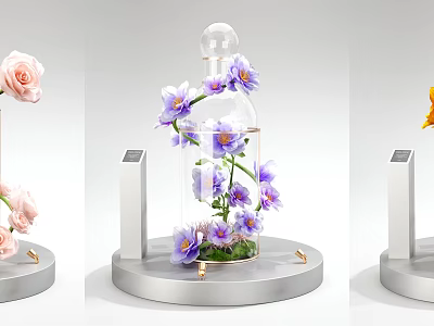 Elegant Floral Display with Purple Flowers in Glass Container on Modern Pedestal 3d model