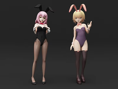 Game Anime Characters With Bunny Ears Pink Blonde Hair Black Purple Bodysuits Stockings High Heels 3d model