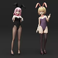 Game Anime Characters With Bunny Ears Pink Blonde Hair Black Purple Bodysuits Stockings High Heels