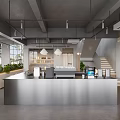 Modern Reception Desk With Metal Counter Pendant Lighting Staircase And Large Windows