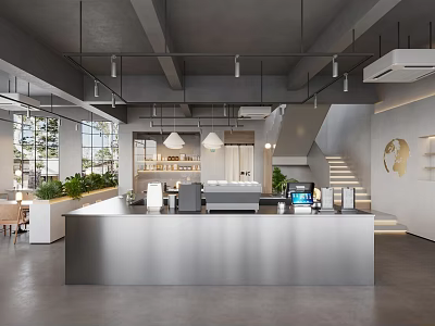 Modern Reception Desk With Metal Counter Pendant Lighting Staircase And Large Windows 3d model