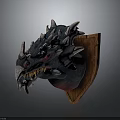 Fierce Blue Dragon Head Mounted On Wooden Shield With Sharp Spikes And Red Eyes