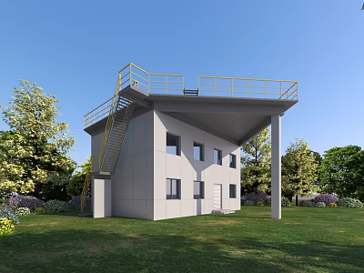 Modern Industrial Factory Building With External Stairs Yellow Railings Green Lawn And Trees 3d model