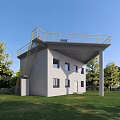 Modern Industrial Factory Building With External Stairs Yellow Railings Green Lawn And Trees