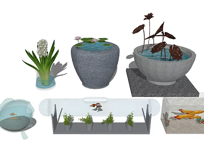 Decorative Aquarium Containers With Stone Basins Water Lilies And Aquatic Plants 3d model