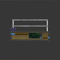 Multi Layered Futuristic Tech Component With Glowing Light Strips Shelves Pipes And Green Data Screen