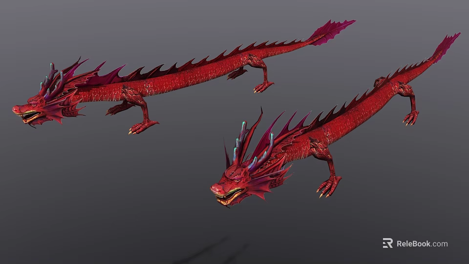 Fierce Red Dragon Game Movie Character With Purple Spikes And Sharp Claws 3d model 