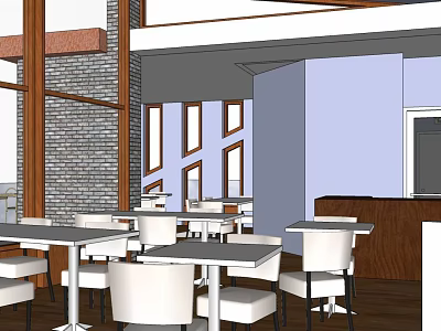 Modern Cafe Interior With Open Space Brick Wall Windows White Tables And Chairs 3d model