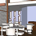 Modern Cafe Interior With Open Space Brick Wall Windows White Tables And Chairs