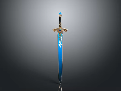 Fantasy Style Decorative Sword With Blue Blade Golden Hilt And Blue Gemstone 3d model