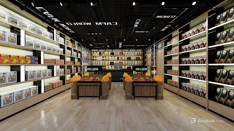Supermarket Interior Layout With Shelves Full Of Products And Fresh Fruits 3d model 
