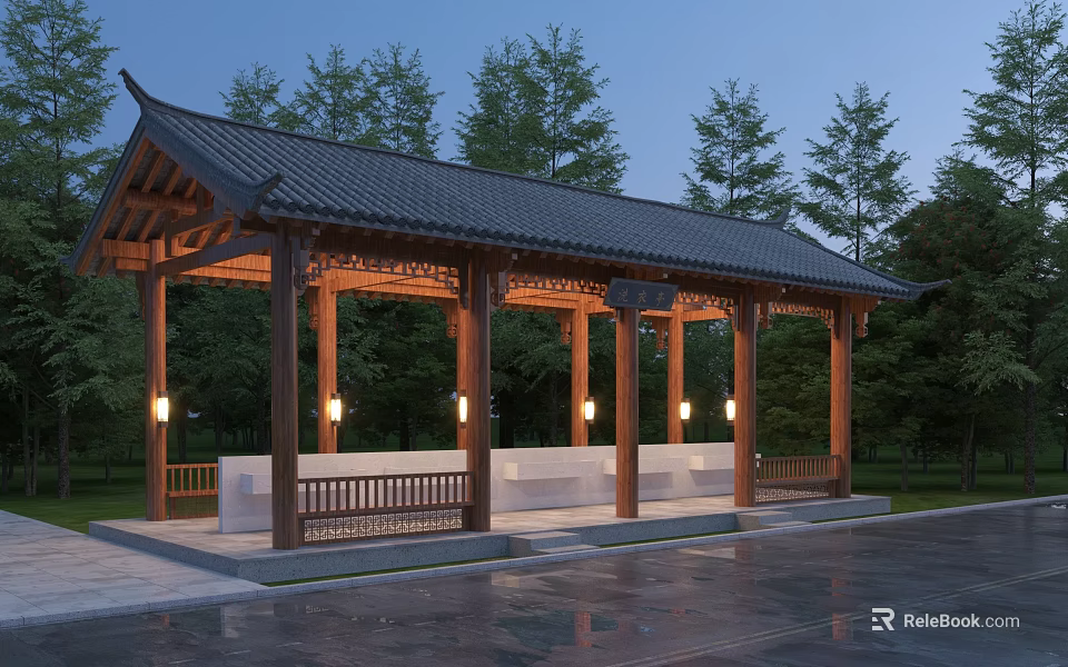 Traditional Wooden Pergola with Tile Roof and Benches Underneath Surrounded by Trees and Evening Lighting 3d model 