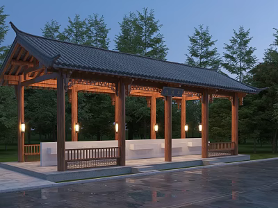 Traditional Wooden Pergola with Tile Roof and Benches Underneath Surrounded by Trees and Evening Lighting 3d model