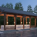 Traditional Wooden Pergola with Tile Roof and Benches Underneath Surrounded by Trees and Evening Lighting