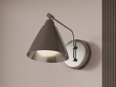 Modern Wall Lamp With Conical Shade And Curved Arm On Light Colored Wall 3d model
