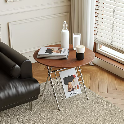 Modern Minimalist Side Table with Wooden Top Metal Frame and Magazines Candle by Leather Sofa 3d model